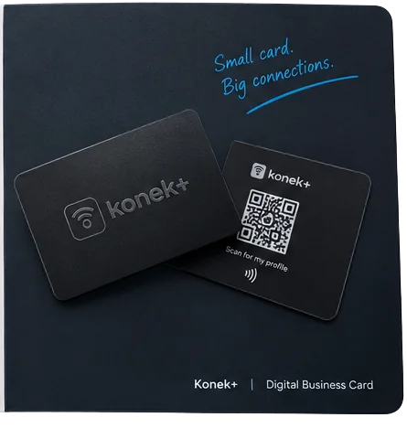 Back of the guide showing the front and back of a Konek+ card: small card, big connections